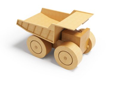 Beyaz arkaplanda gölgeli 3D illüstrasyon oyuncak damperli kamyon görünümü