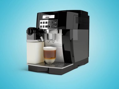 Mavi arka planda hazır bir kupa kapuçino ile otomatik kahve makinesinin 3 boyutlu çizimi