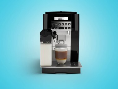 Otomatik kahve makinesinin 3 boyutlu çizimi ve gölgeli mavi arka planda bir kupa kapuçino.