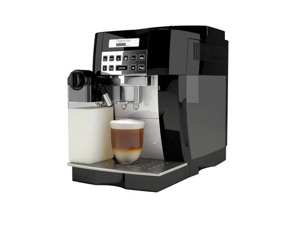 Otomatik Kahve Makinesinin Beyaz Arka Planda Hazır Bir Kupa Kapuçino — Stok fotoğraf