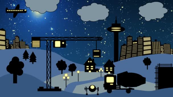 Sitio de construcción en la noche (Dibujos animados ) — Vídeos de Stock