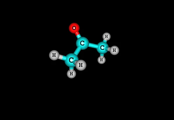 Struttura molecolare dell'acetone isolata su nero — Foto Stock