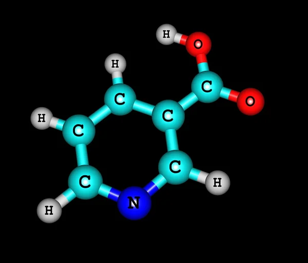 Estructura molecular de niacina (B3) sobre fondo negro — Foto de Stock