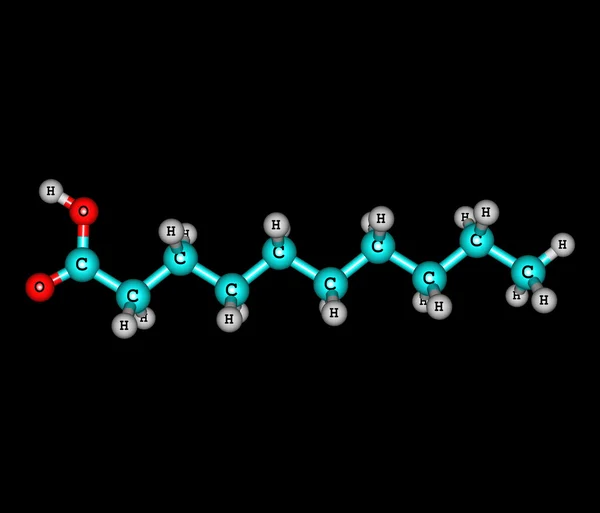 Molecola acida decanoica (caprica) isolata sul nero — Foto Stock