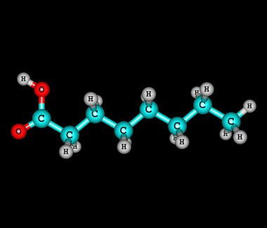 Heptanoic (enanthic) asit molekül siyah izole