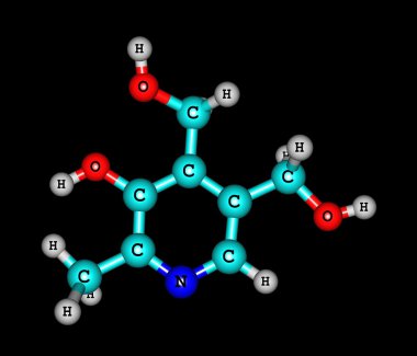 siyah arka plan üzerine Piridoksin (vitamin b6) moleküler yapısı