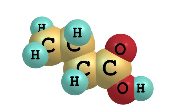 Cząsteczka kwasu masłowego (butanowego) na białym tle — Zdjęcie stockowe