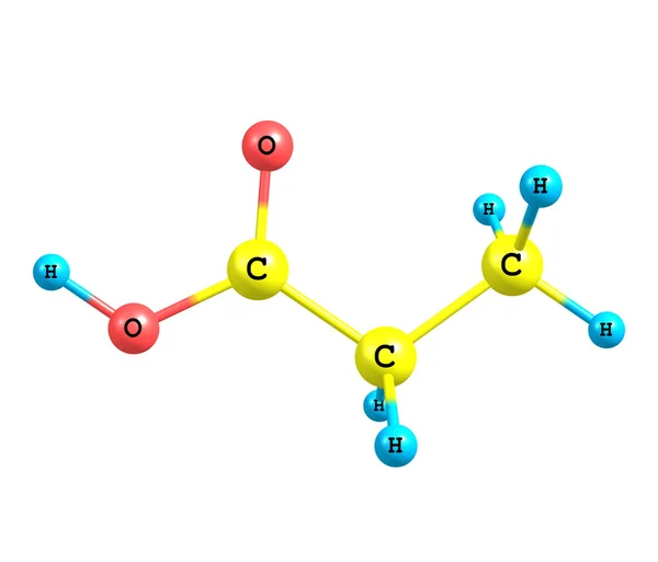 Molécula de ácido propiónico (propanoico) aislada en blanco — Foto de Stock