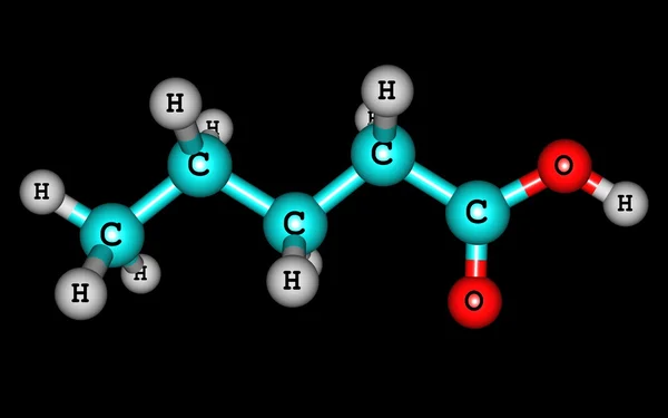 (Pentanoic) βαλεριανικό οξύ μόριο απομονώνονται σε μαύρο — Φωτογραφία Αρχείου
