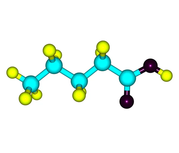 Valeric (pentanoic) asit molekül üzerinde beyaz izole — Stok fotoğraf