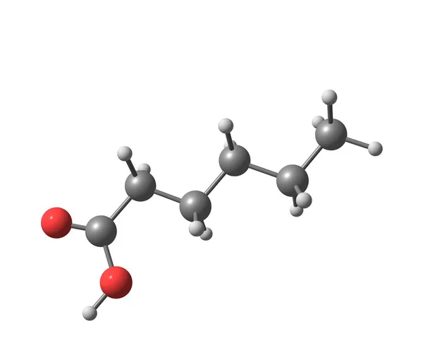 Molécula de ácido hexanóico (caproico) isolada em branco — Fotografia de Stock
