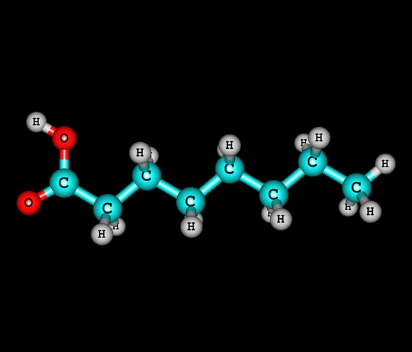 Heptansyra (enantsyra) syrliga molekylen isolerade på svart — Stockfoto