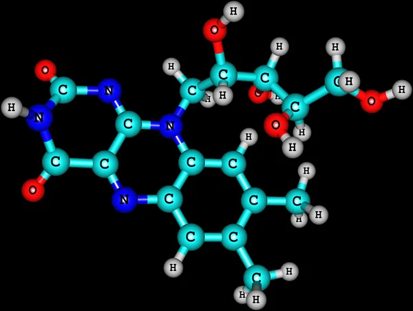 Ριβοφλαβίνη (Β2) μοριακή δομή σε μαύρο φόντο — Φωτογραφία Αρχείου