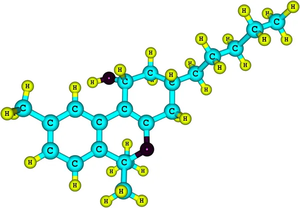Tetrahydrokanabinol molekulární struktura na bílém pozadí — Stock fotografie