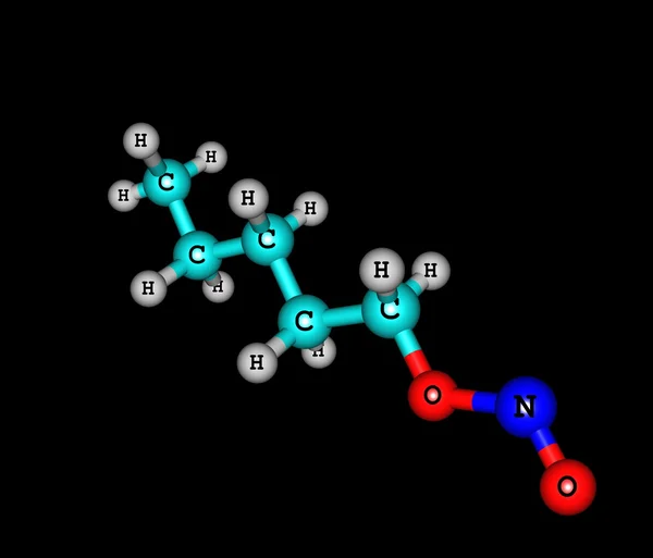 Struttura molecolare di nitrito di amile isolata sul nero — Foto Stock