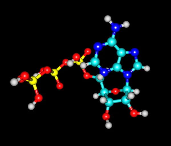 adenosinetrifosfaat (atp) molecuul geïsoleerd op zwart