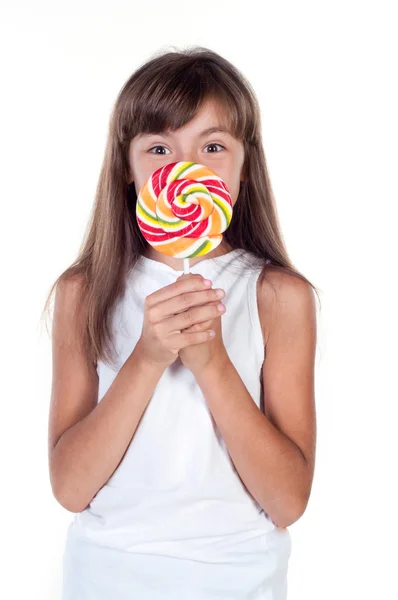 Sevimli küçük kız büyük lolly pop holding — Stok fotoğraf