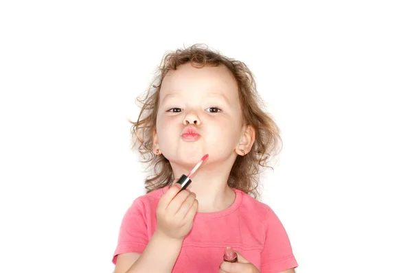 Petite fille avec du rouge à lèvres — Photo