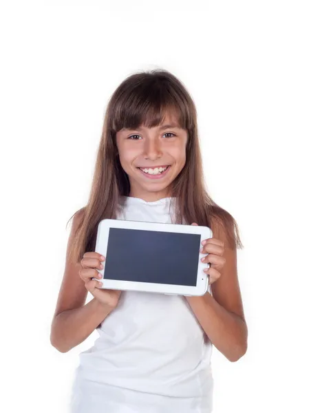 Söt liten flicka med en TabletPC — Stockfoto