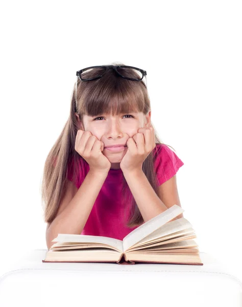 Little tired student girl with books — Stock Photo, Image