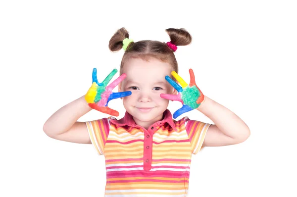 Beautiful little girl with hands in the paint — Stock Photo, Image