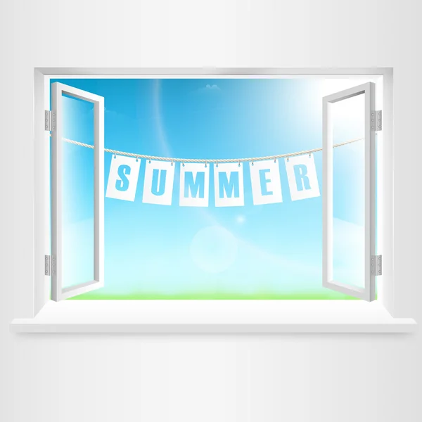 Summer Banner Hanging Out Of Window. — Stock Vector