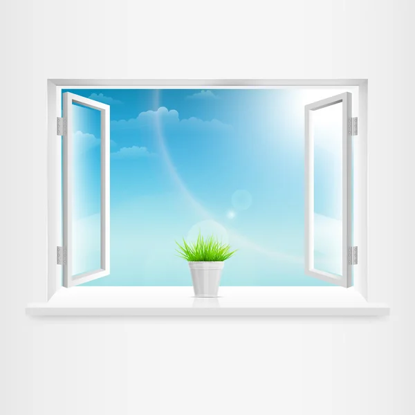 Ανοίξτε το λευκό παράθυρο με γλάστρα. — Διανυσματικό Αρχείο