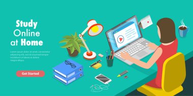 Evde Çevrimiçi Çalışmanın 3B Isometric Düz Vektör İllüstrasyonu