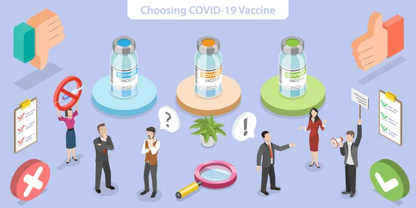 Концептуальная иллюстрация выбора вакцины COVID-19 с трехмерным изометрическим плоским вектором — стоковый вектор