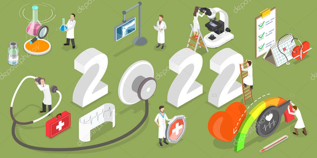 3D Isometric Flat Vector Conceptual Illustration of Healthcare and Medicine in New Year.