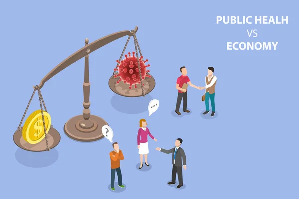 Ilustración conceptual del vector plano isométrico 3D de la salud pública contra la economía — Archivo Imágenes Vectoriales