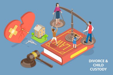 Boşanmada Üç Boyutlu Isometric Flat Vektör Çocuk Gözetiminin Kavramsal ResmiComment