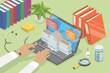 Çevrimiçi Doktorun 3B Isometric Düz Vektör Kavramsal İllüstrasyonu