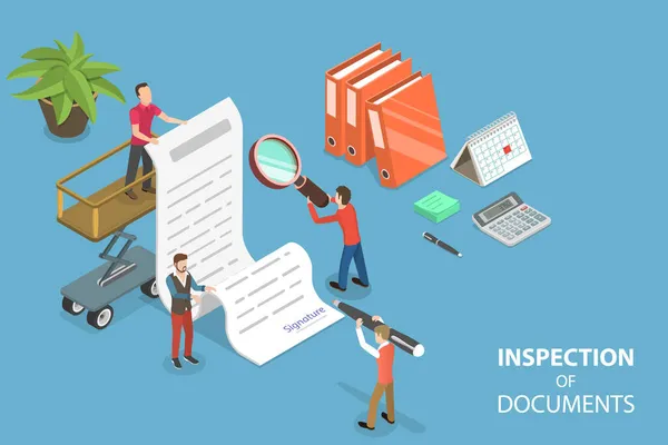 3D Isometrische platte vector Conceptuele illustratie van de inspectie van documenten — Stockvector