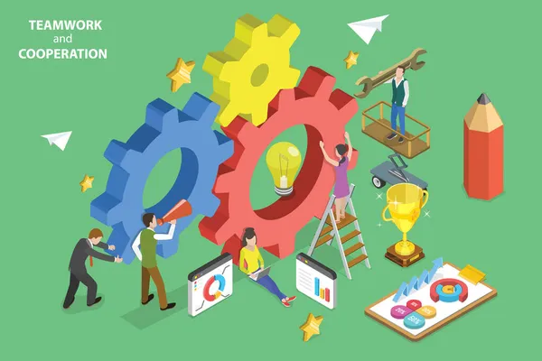 3D Isometric Flat Vector Conceptual Illustration of Teamwork And Cooperation — Stockový vektor