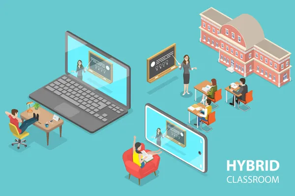 3D Isometric Flat Vector Conceptual Illustration of Hybrid Classroom — Stock Vector