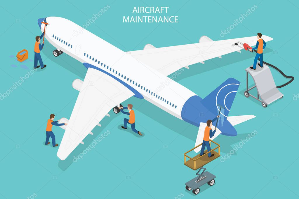 3D Isometric Flat Vector Conceptual Illustration of Aircraft Maintenance