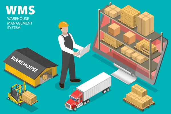 3D Isometric Flat Vector Conceptual Illustration of WMS - Warehouse Management System — 스톡 벡터