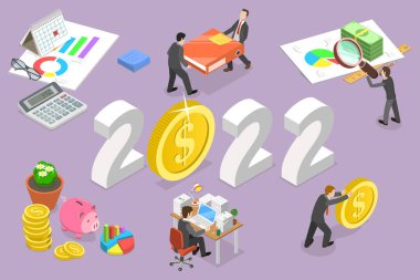 3D Isometric Flat Vektör Yeni Yıl Kavramsal İllüstrasyonu ve Mali Denetim