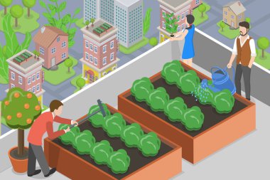 3D Isometric Düz Vektör Şehir Çatı Çiftliğinin Kavramsal İllüstrasyonu