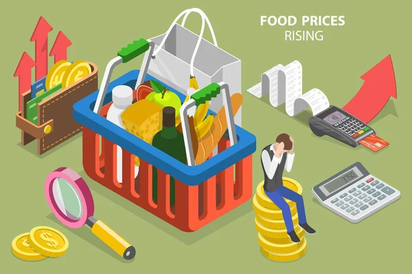 3D 물가 상승에 대한 개념적 삽화 (Vector Conceptual Illustration of Food Prices Rising) — 스톡 벡터