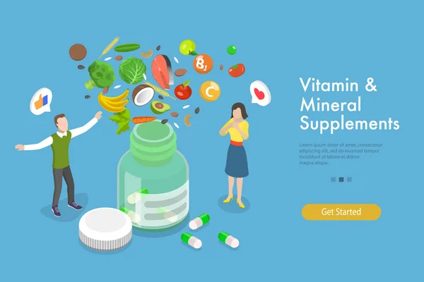 Ilustración conceptual plana isométrica 3D del vector de suplementos de vitaminas y minerales — Archivo Imágenes Vectoriales