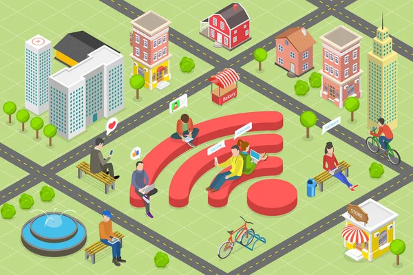 Ilustração conceitual do vetor plano isométrico 3D da cidade WiFi público —  Vetores de Stock