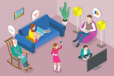 Gadget Bağımlı Ailesinin 3B Isometric Düz Vektör Kavramsal İllüstrasyonu