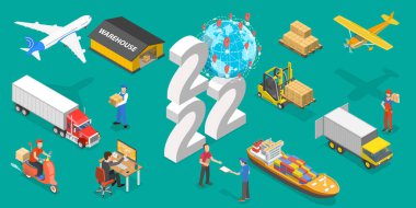 3D Isometric Flat Vektör Yeni Yıl ve Ulaşım Lojistiğinin Kavramsal İllüstrasyonu