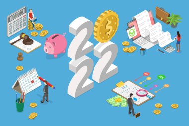 3D Isometric Yeni Yıl ve Vergilerin Kavramsal İllüstrasyonu