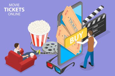 Çevrimiçi Sinema Biletlerinin 3B Isometric Düz Vektör Kavramsal İllüstrasyonu