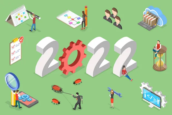 3D Isometric Flat Vector Conceptual Illustration of New Year and Software Development — Stockový vektor