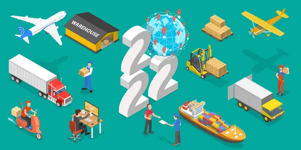 3D Isometric Flat Vector Conceptual Illustration of New Year and Transport Logistics — Stockový vektor