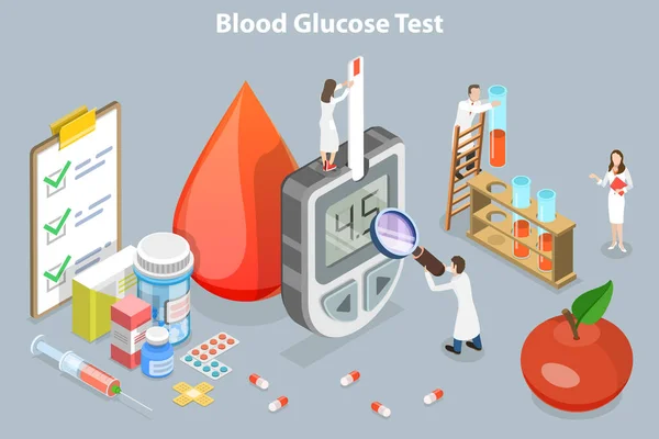 Ilustración conceptual de vectores planos isométricos 3D del análisis de glucosa en sangre — Vector de stock